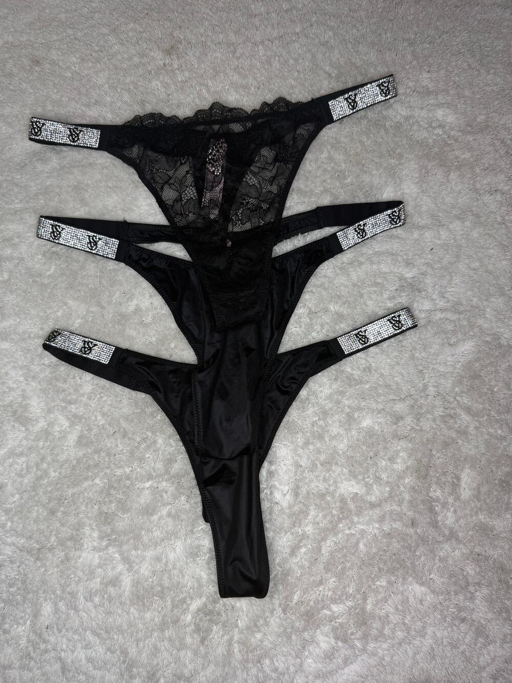 NWT Victoria’s Secret Very Sexy Black "Bling" Thong Bundle 3pc Size L